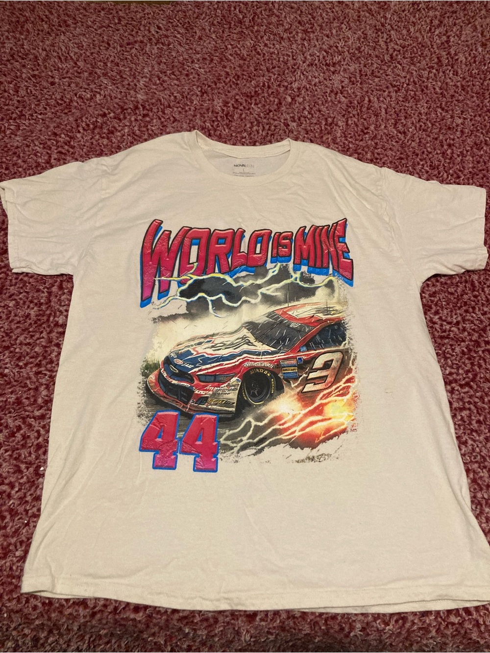 Fashion Nova White Graphic 'World Is Mine' Racing Tee with Red & Blue Accents